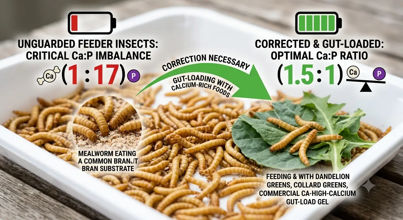 Feeder insects like mealworms requiring calcium to phosphorus correction