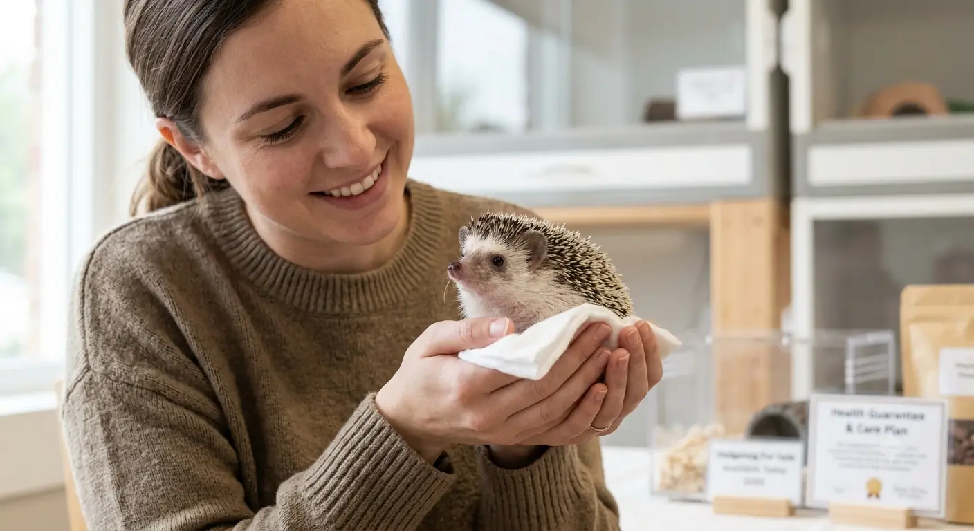 Domestic pet keeper holding a healthy hedgehog for sale safely