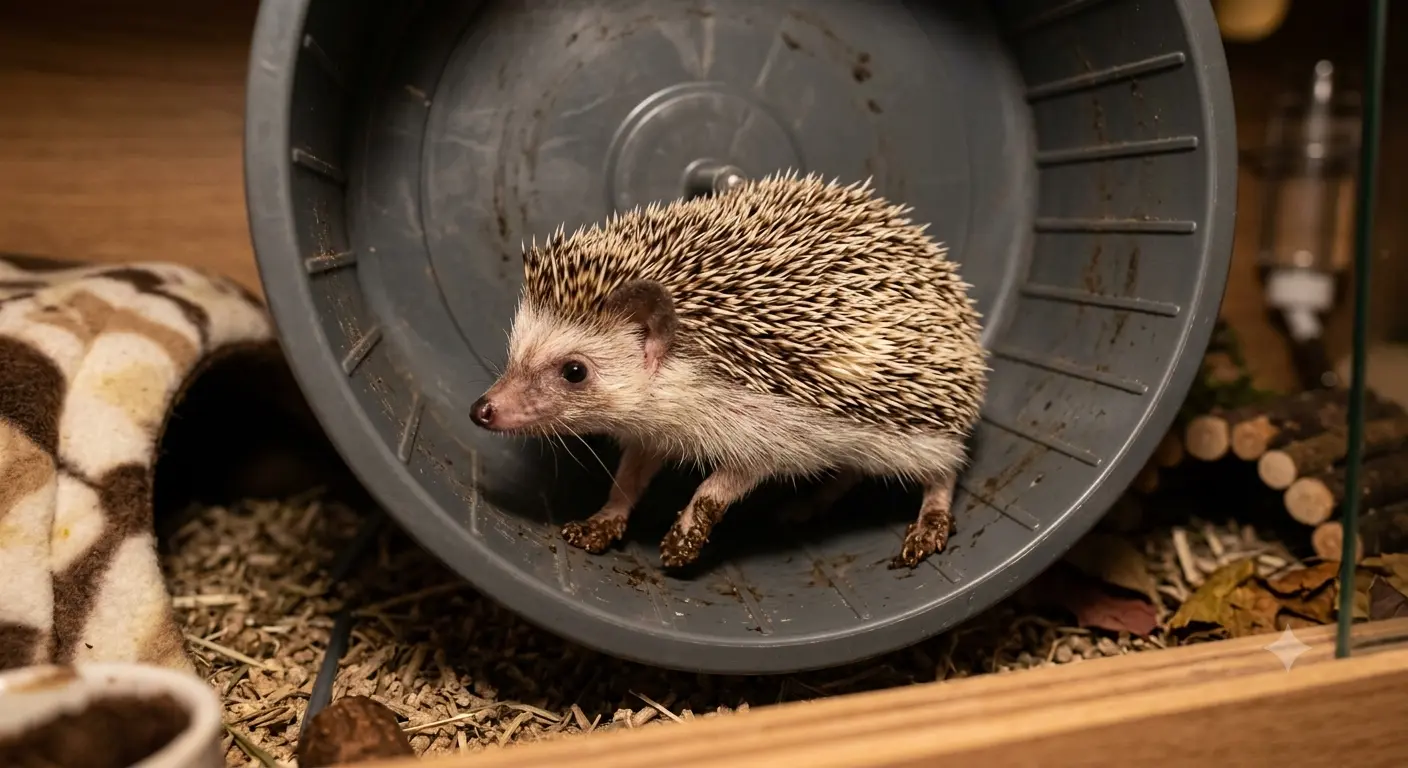 African Pygmy Hedgehog with dirty paws on exercise wheel