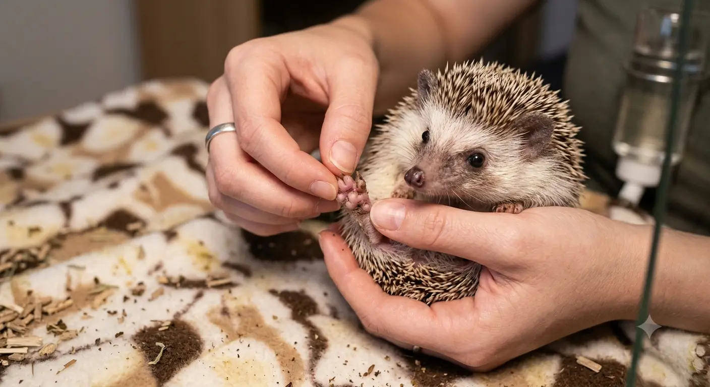Inspecting pet feet for caked waste and sores