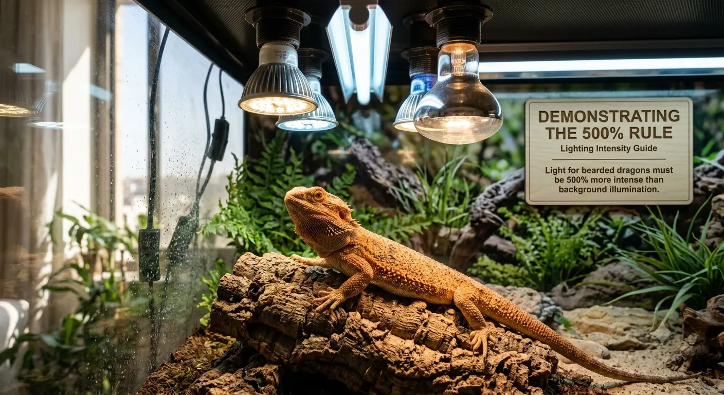Bearded dragon basking under setup lighting demonstrating the 500 percent rule