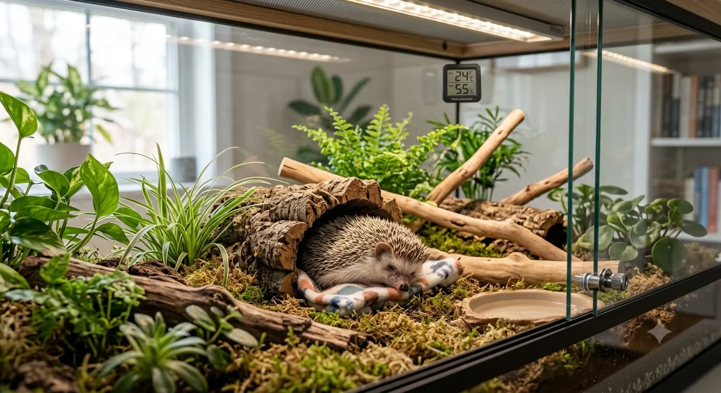 Healthy pet hedgehog resting comfortably in a clean secure domestic habitat setup