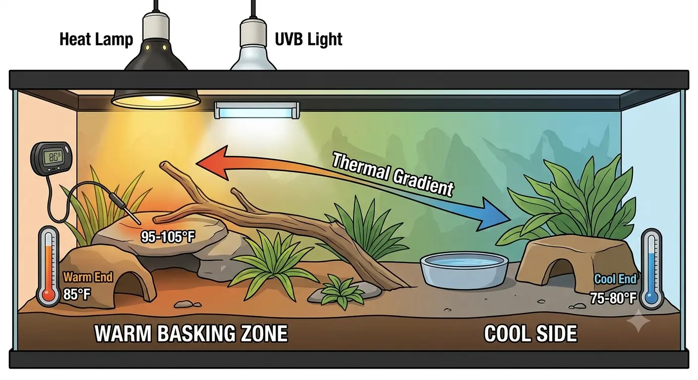Reptile thermal gradient setup with warm basking zone and cool side