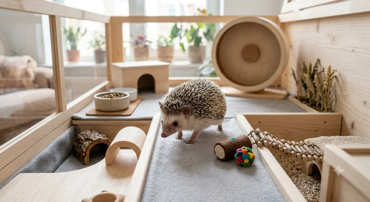 An adult African pygmy hedgehog exploring a clean indoor habitat environment