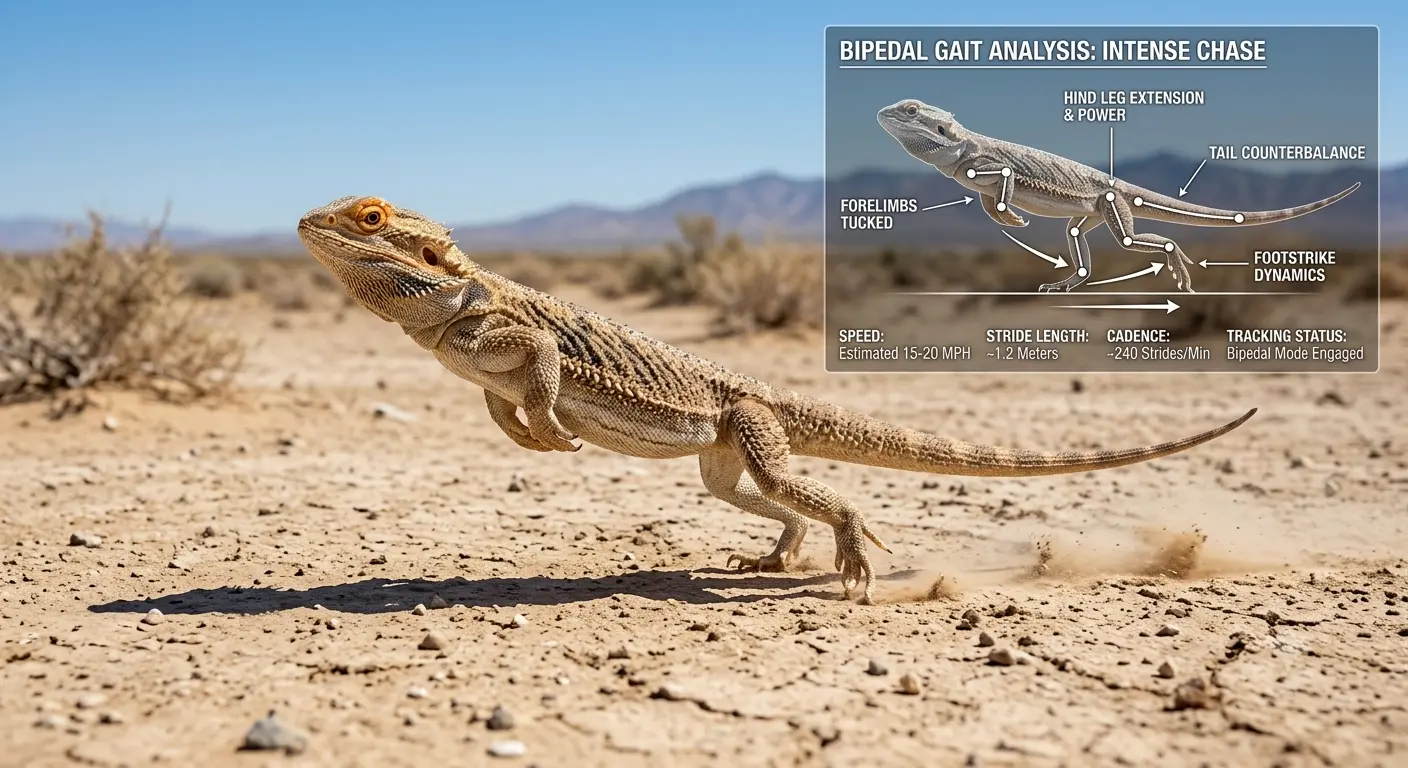 Bipedal movement analysis highlighting a bearded dragon running on two legs during an intense chase