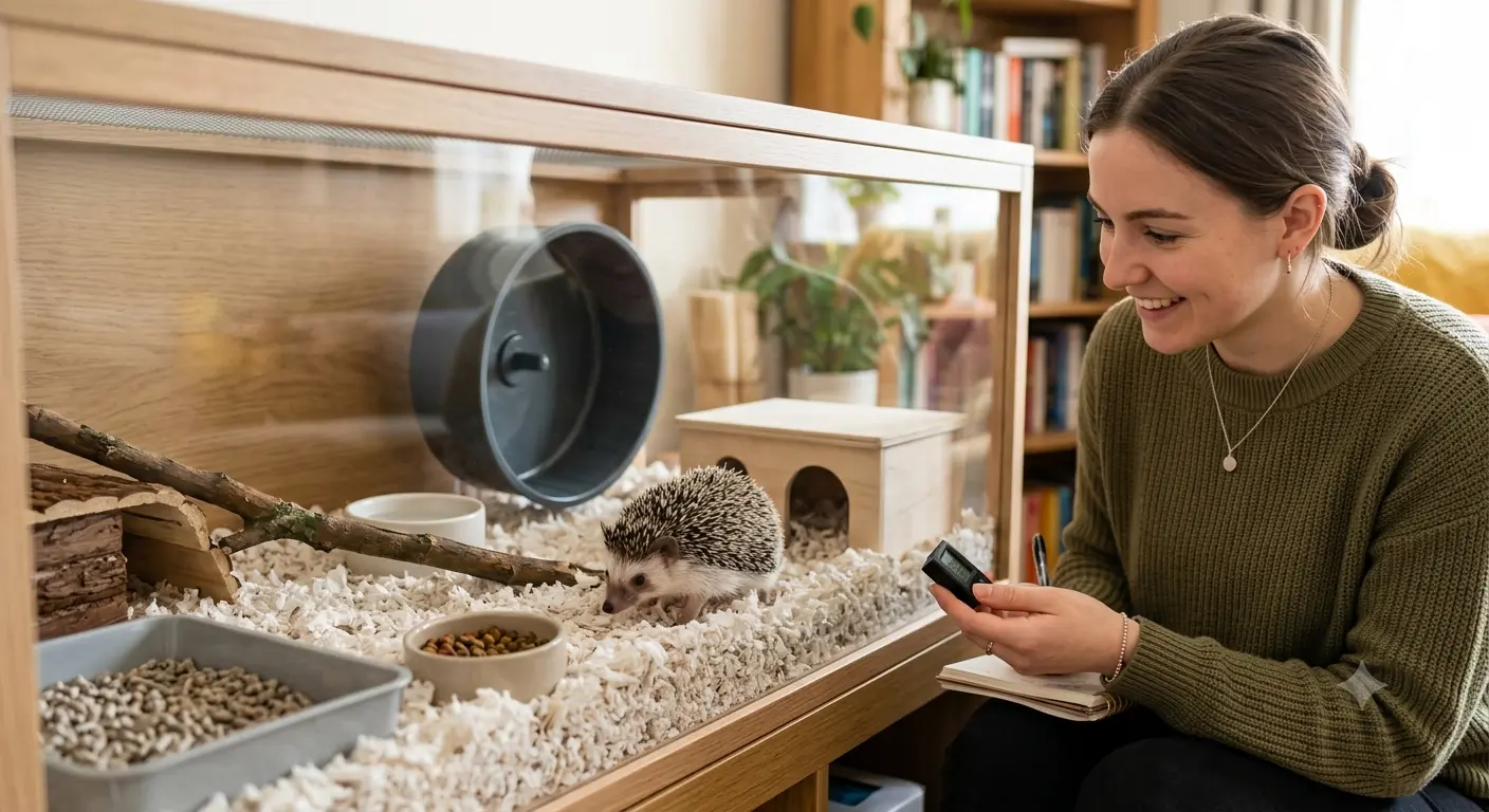 African Pygmy Hedgehog exploring a clean enclosure while owner monitors health