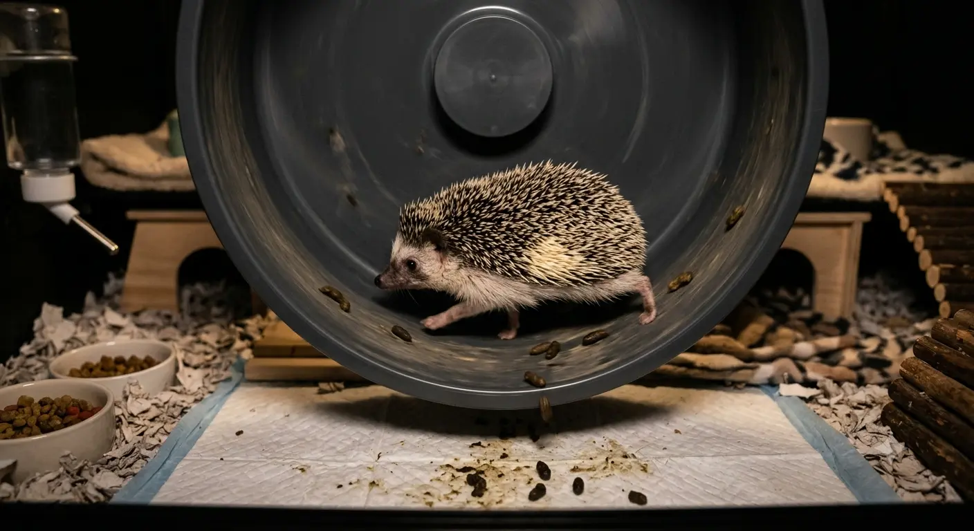 Hedgehog on an exercise wheel showing typical nightly activity patterns