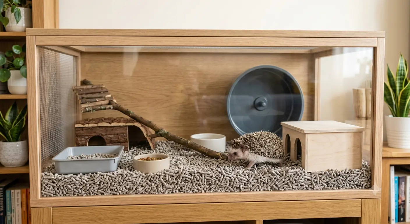 Clean exotic pet cage setup featuring proper paper pellet bedding