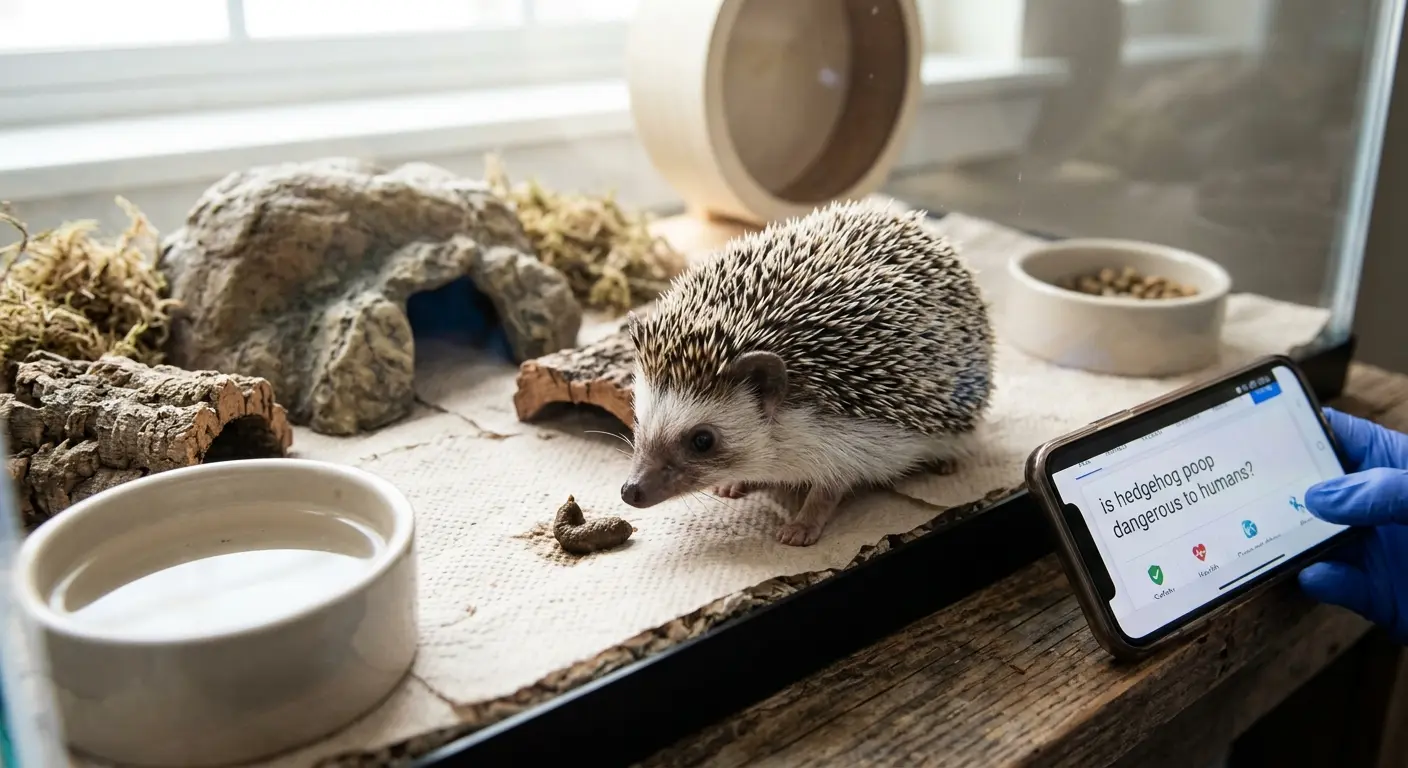 Pet owner wearing protective gloves for exotic pet cage cleaning reflecting is hedgehog poop dangerous