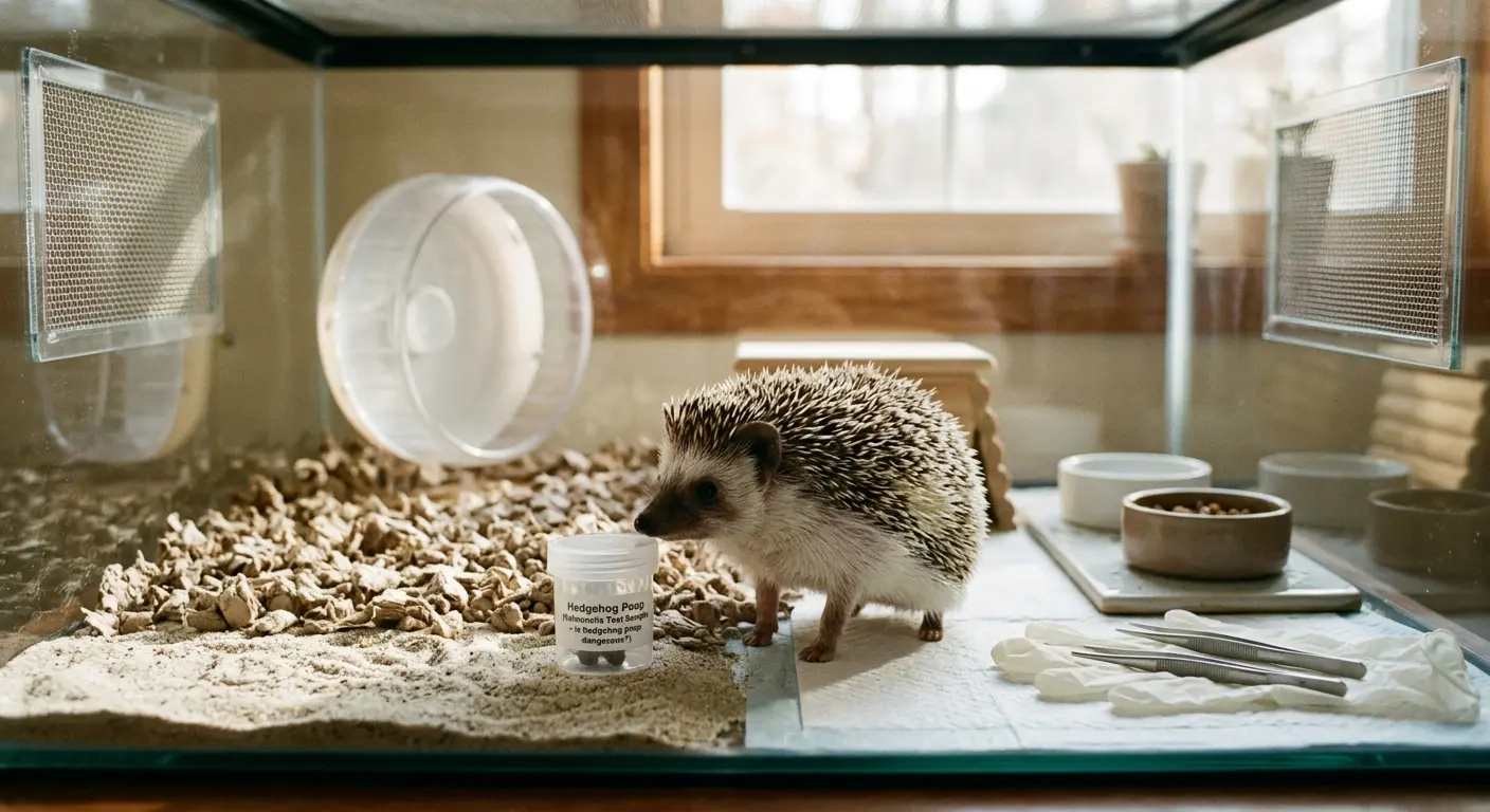 African Pygmy hedgehog in a clean enclosure examining is hedgehog poop dangerous