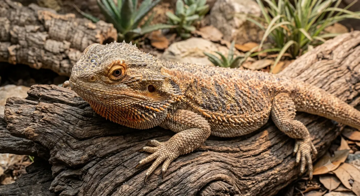 A mature bearded dragon resting on wood showcasing its unique cranial anatomy and scales