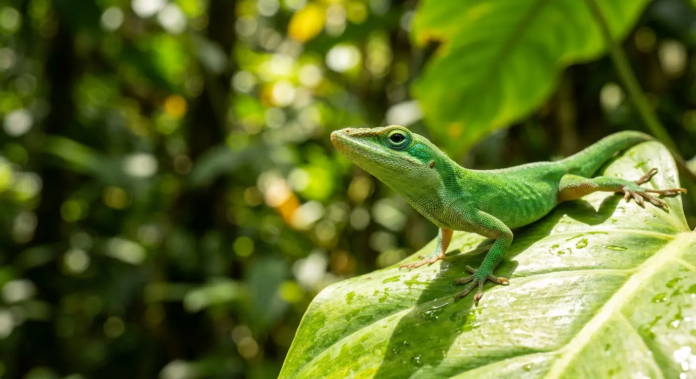 An emerald green lizard basking on a leaf under bright sunlight showcasing its sensory adaptation