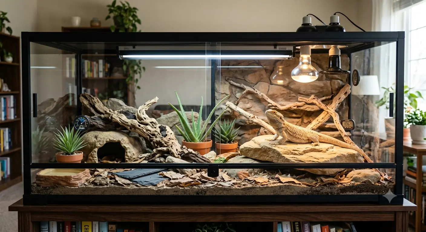 Adult bearded dragon tank size layout featuring a 120 gallon enclosure with proper lighting
