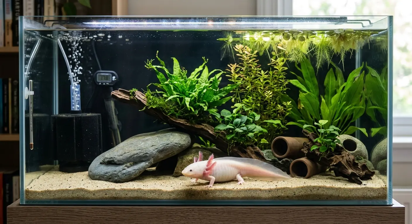 Axolotl Tank Setup interior with safe decorations and filtration