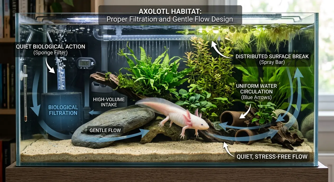 Proper filtration and water flow in an Axolotl Tank Setup