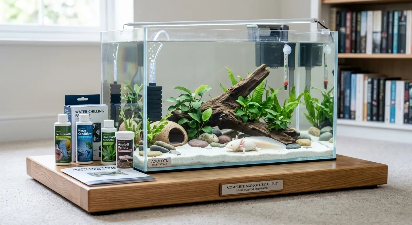 axolotl tank setup kit resting on a clean wooden stand