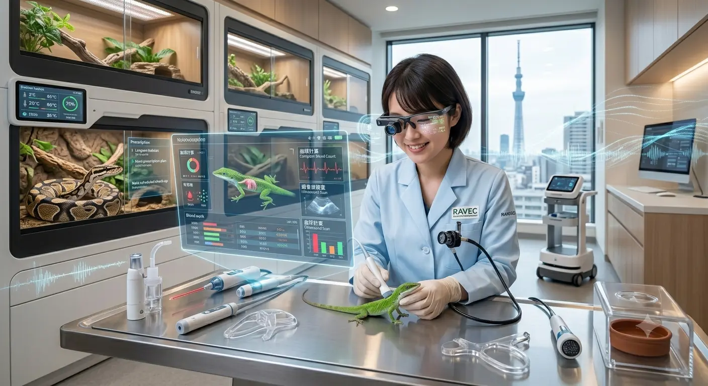 Reptile health inspection and veterinary care setup