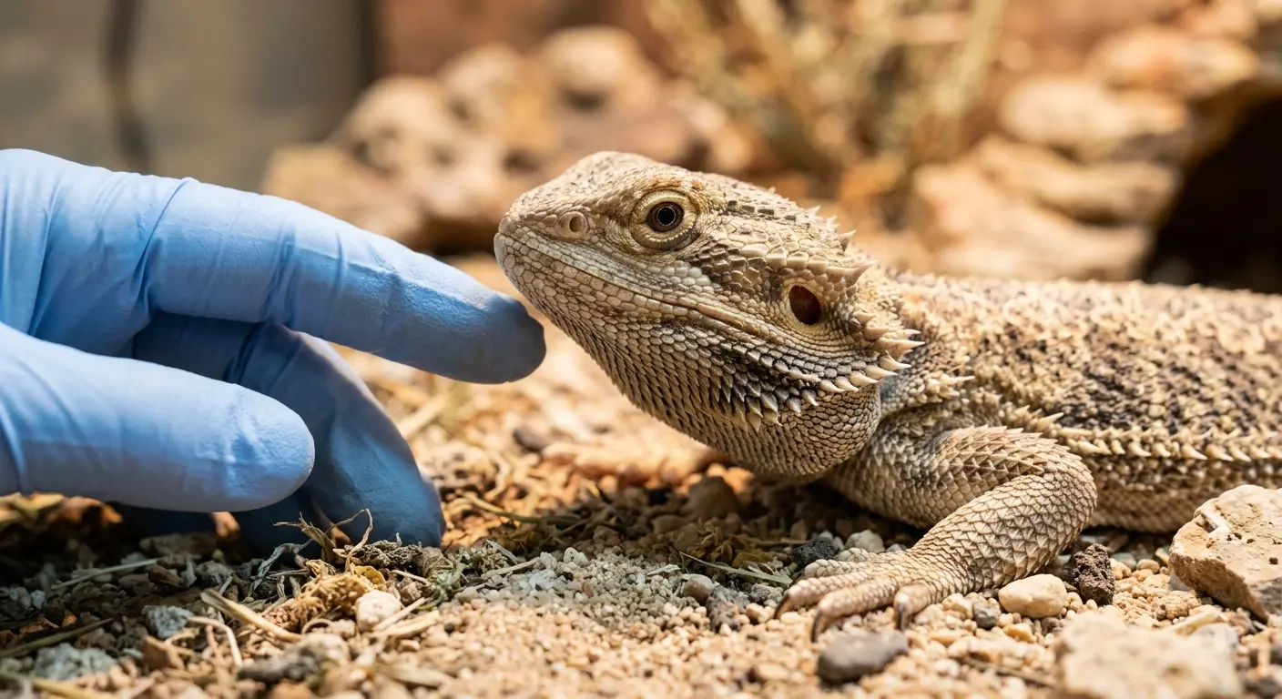 Close up observation of a bearded dragon on desert substrate checking for health signs