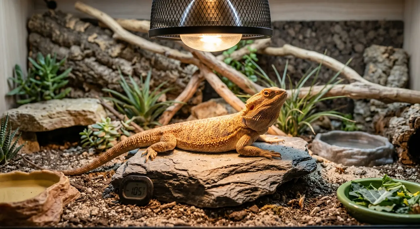 Exotic reptile basking under warm heat light maintaining gut health