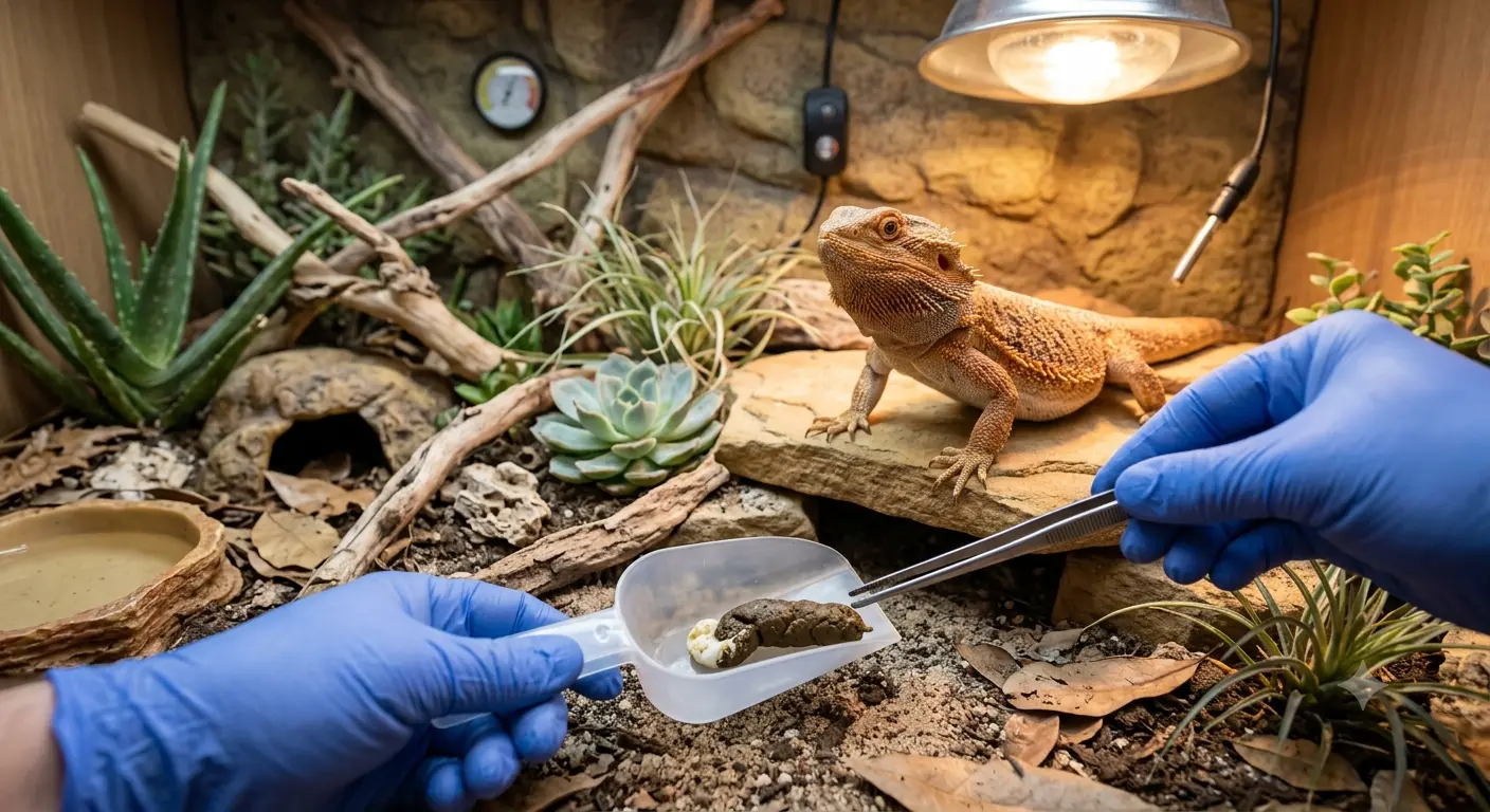 Healthy bearded dragon poop evaluation in a terrarium