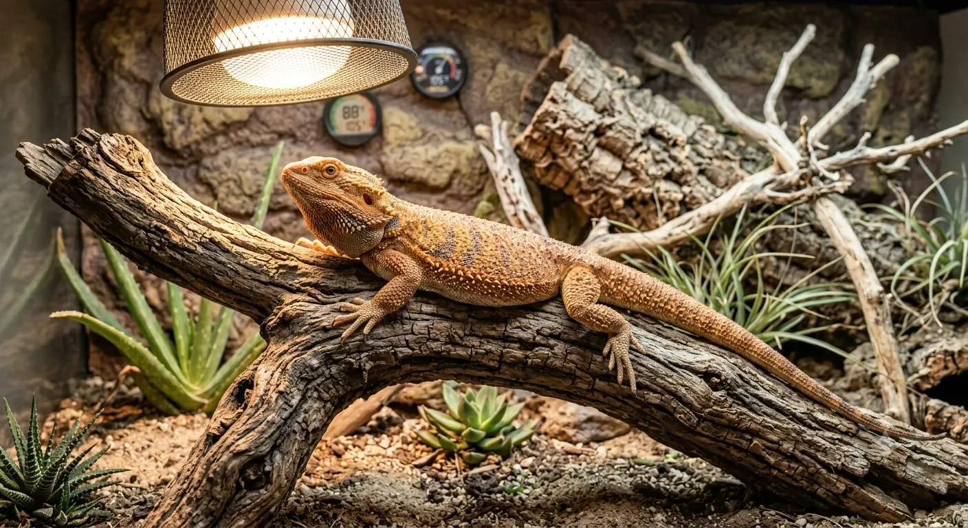 Adult bearded dragon basking on a log to maintain proper poop frequency