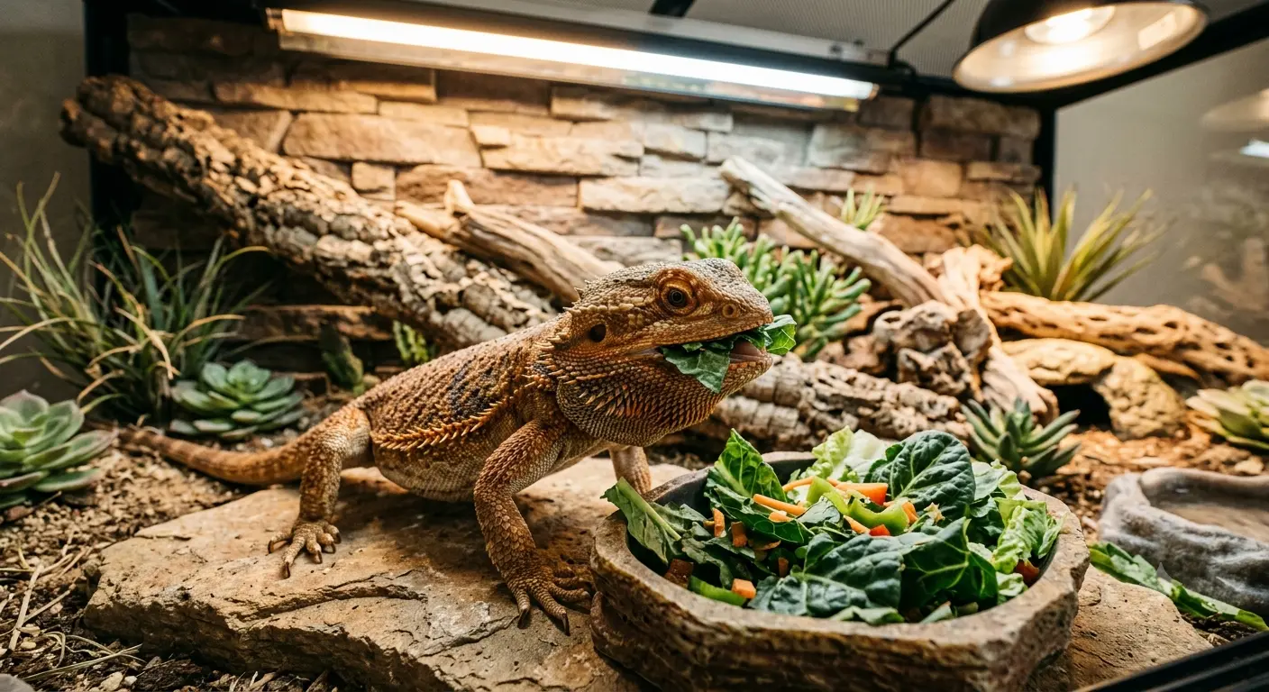 Healthy adult bearded dragon eating leafy greens to maintain normal bowel movement frequency