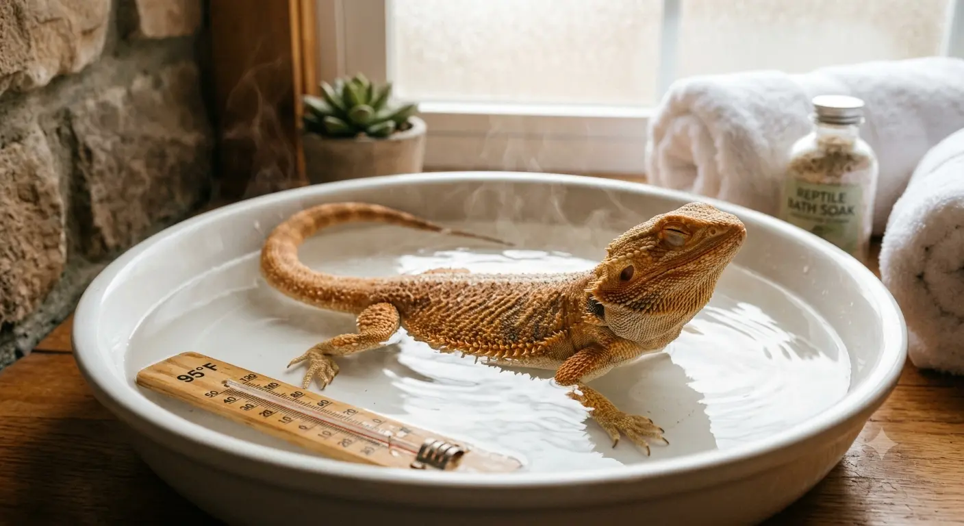Bearded dragon enjoying a warm bath for digestive health and impaction prevention