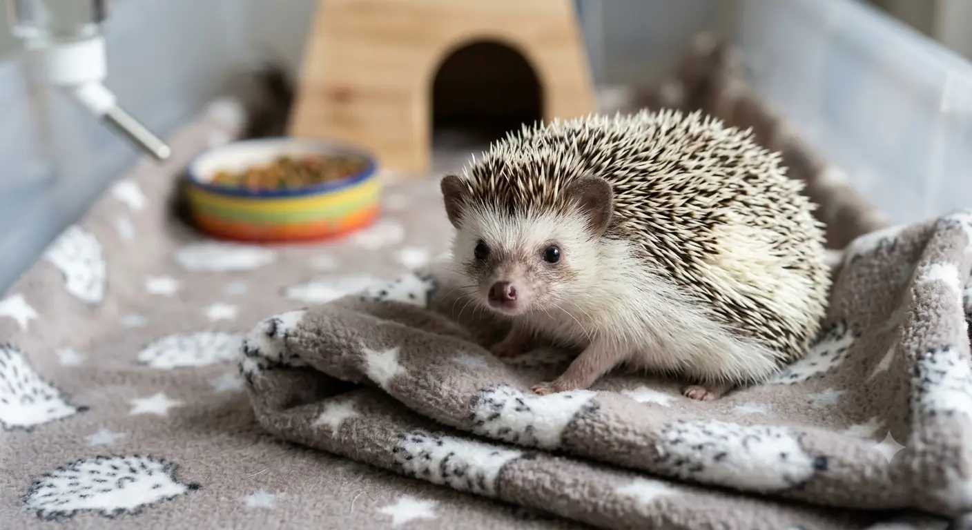African pygmy hedgehog sitting on clean fleece bedding