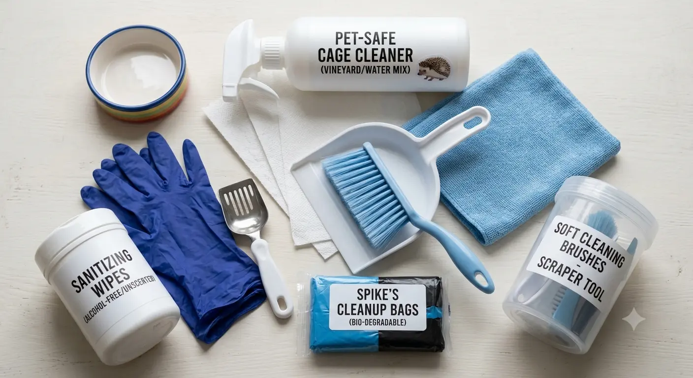 Supplies showing how to clean hedgehog poop safely