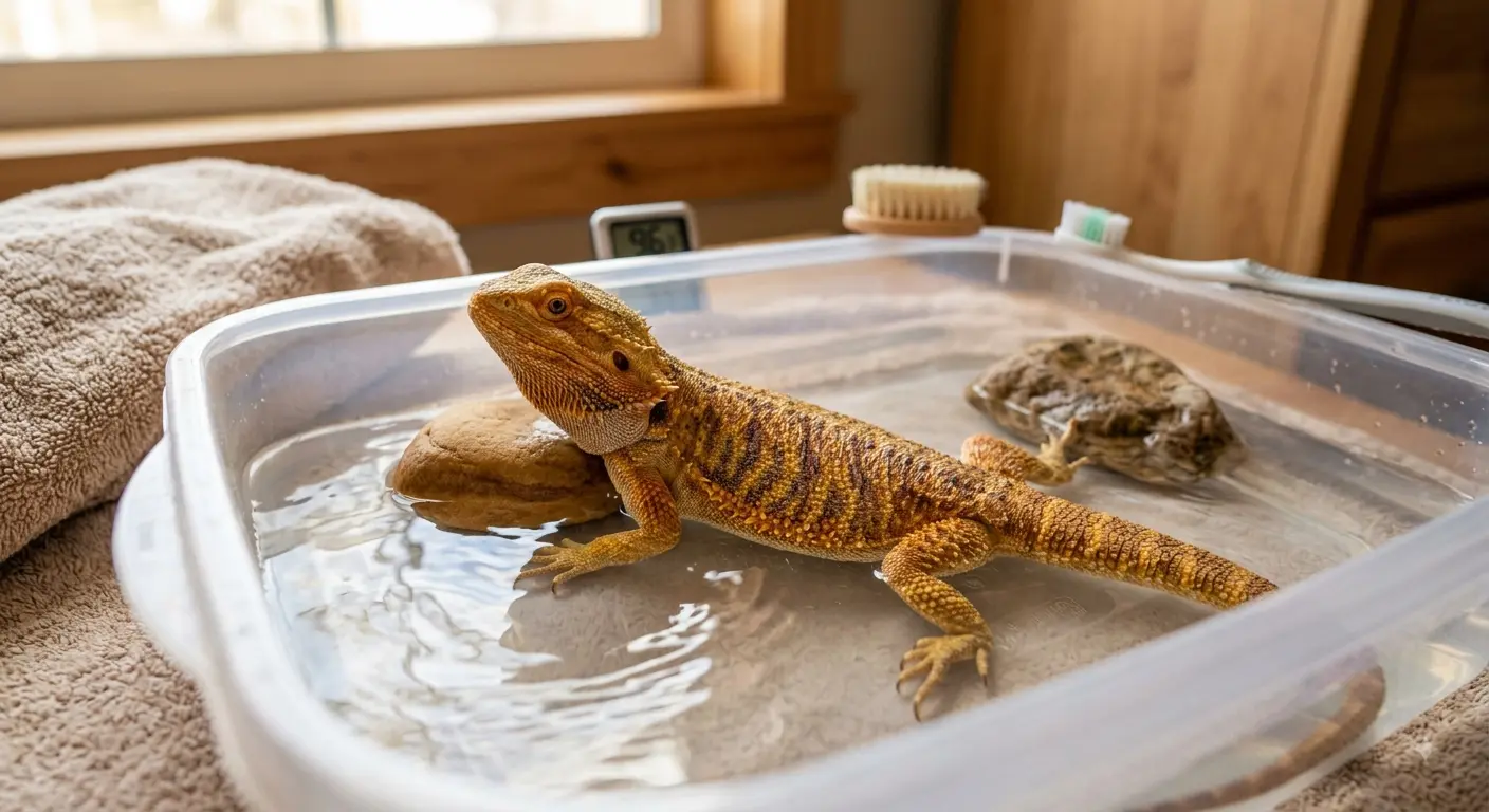 bearded dragon taking a warm bath safely