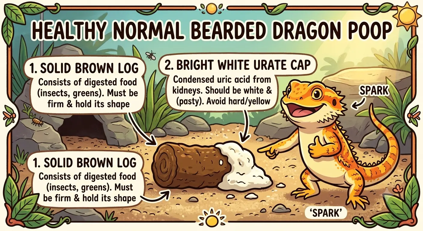 Healthy normal bearded dragon poop showing solid brown log and white urate cap