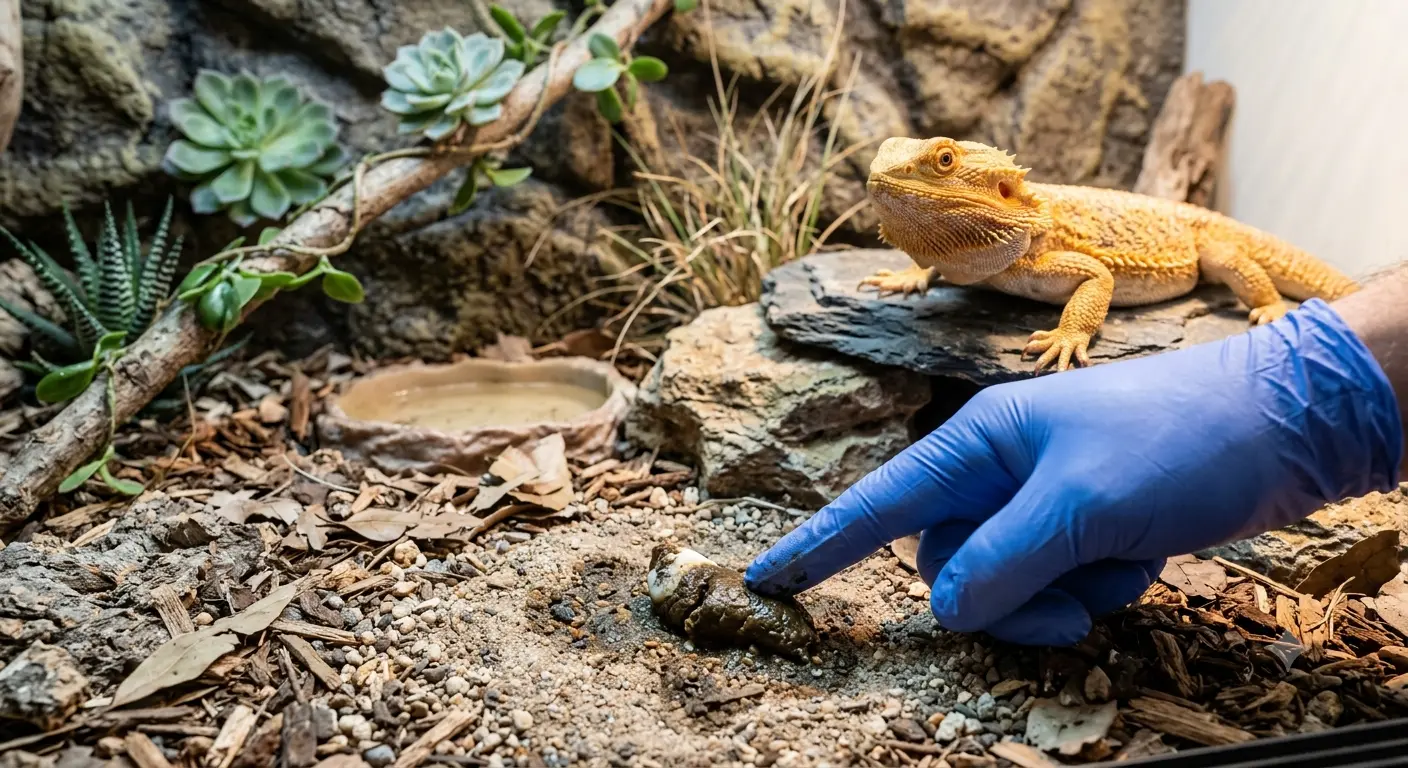 Inspection of bearded dragon poop texture and moisture level in enclosure