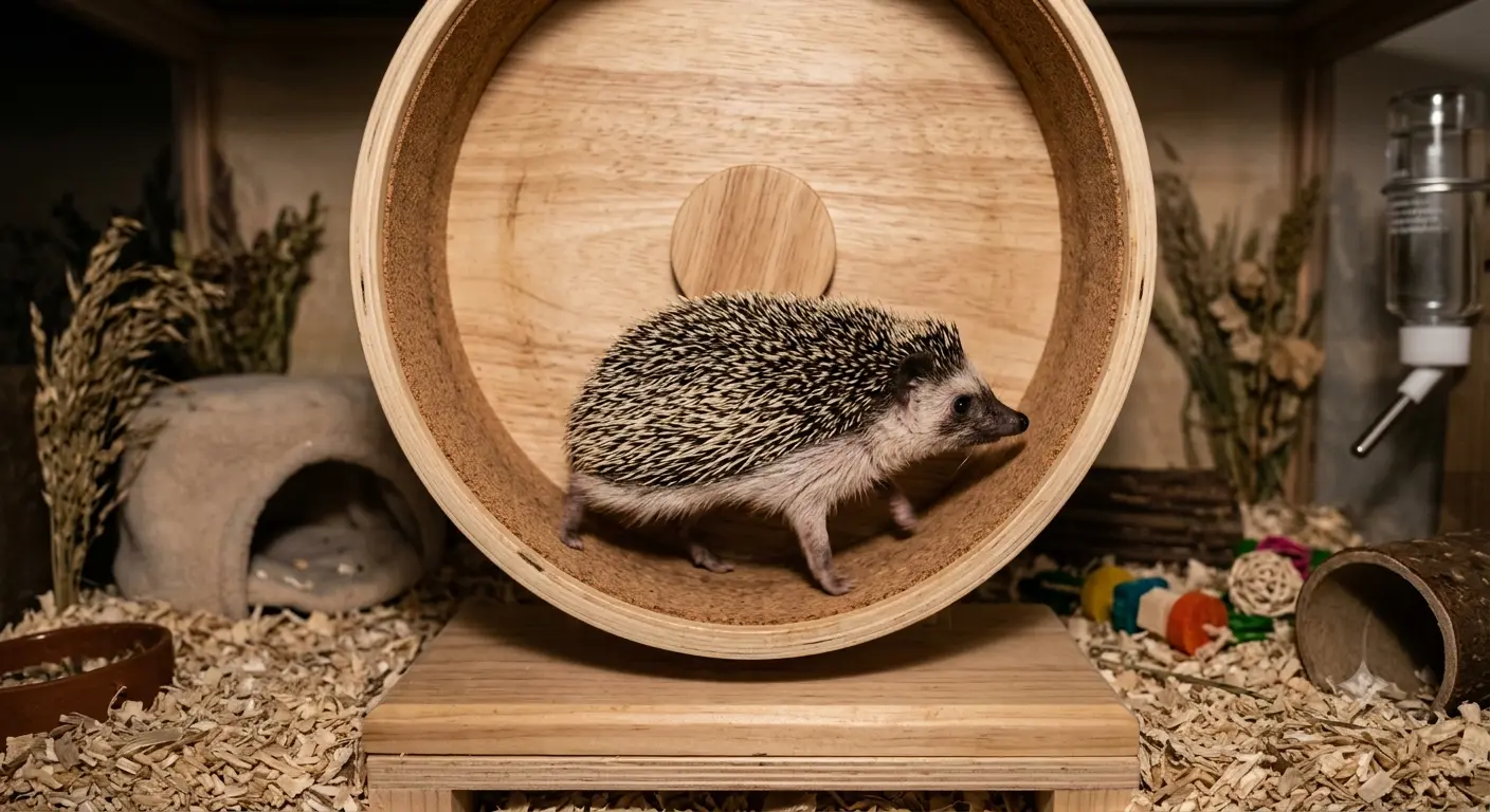 Hedgehog running on an exercise wheel