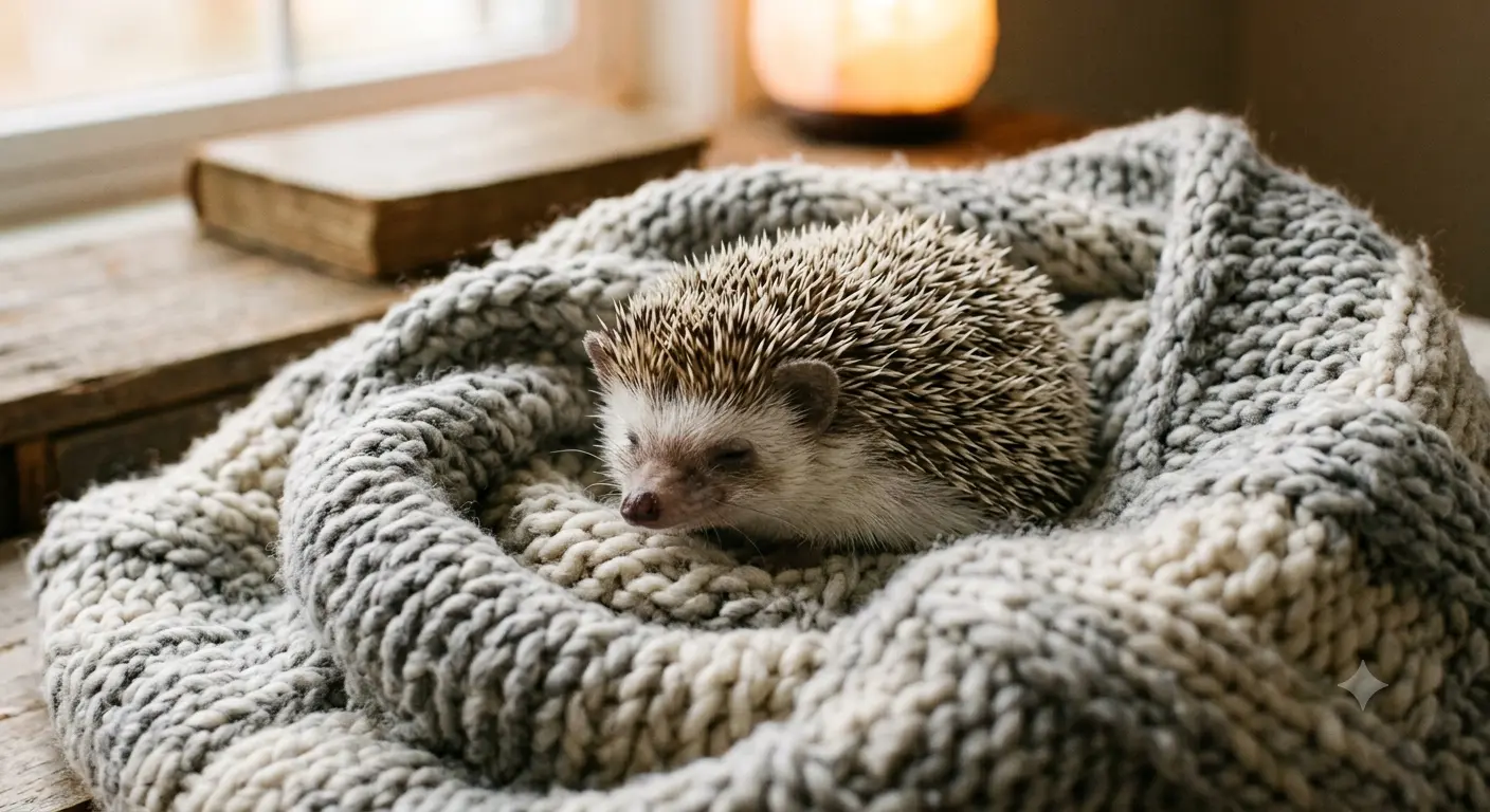 Small animal sitting comfortably in a soft blanket