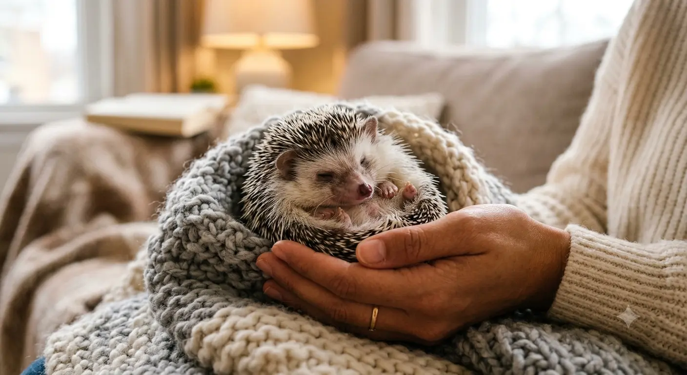 African pygmy hedgehog resting on cozy hands
