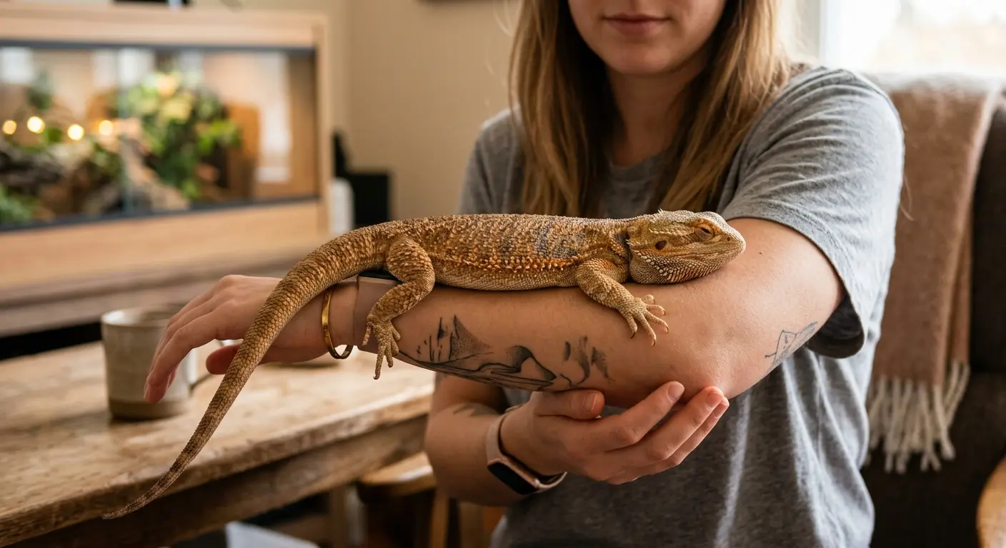 Bearded dragon resting on owner's arm illustrating handling heat transfer