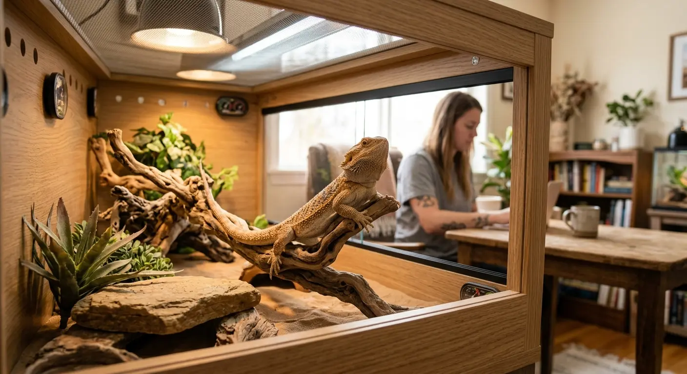 Bearded dragon inside a clean wooden enclosure observing its surroundings